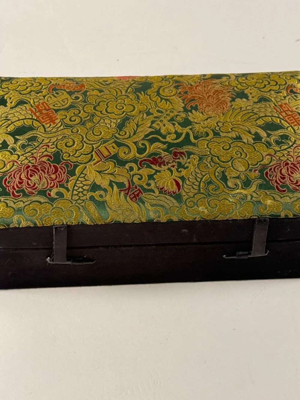 Vintage Asian Silk Top Jewelry Box Gold Floral & Dragon Design Red Velvet Lined